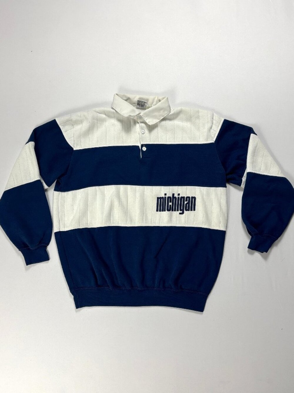 Vintage University Michigan Gear Sports Collared Sweatshirt UM Blue Striped L/XL